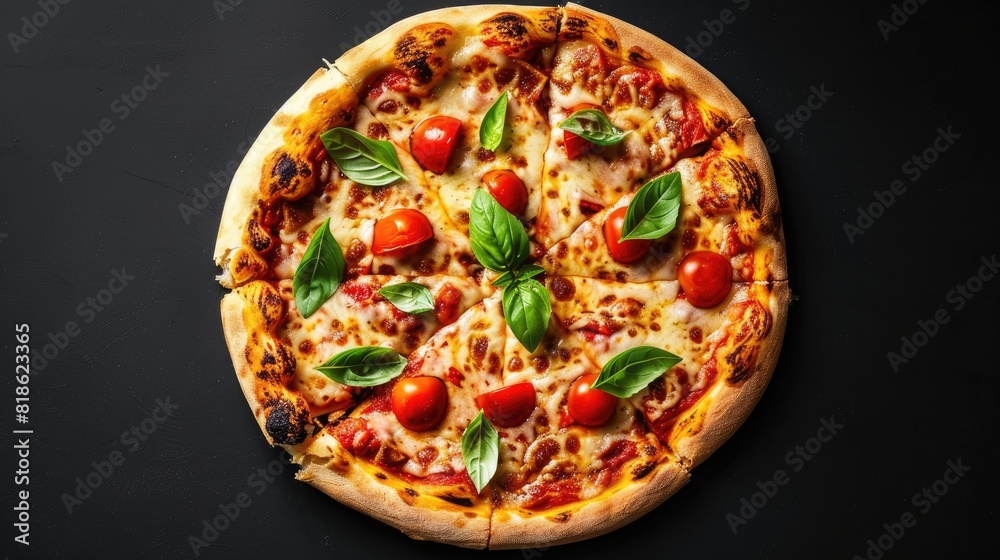 Round pizza with delicious toppings and seasonings. On isolated black background. Generative AI Round pizza with delicious toppings and seasonings. On isolated black background. Generative AI