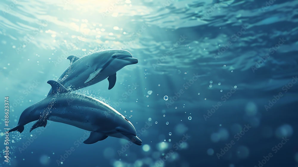 Dolphins exhibiting playful behavior in deep ocean Dolphins exhibiting playful behavior in deep ocean