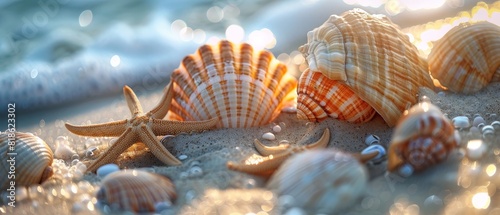Shells and starfish on beach sand with blurred ocean waves in background photo