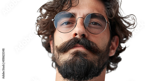 Cool hipster with a handlebar moustache isolated on white background.PNG file.  photo