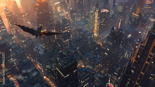 Dramatic birds-eye view of a superhero soaring above Gotham City photo