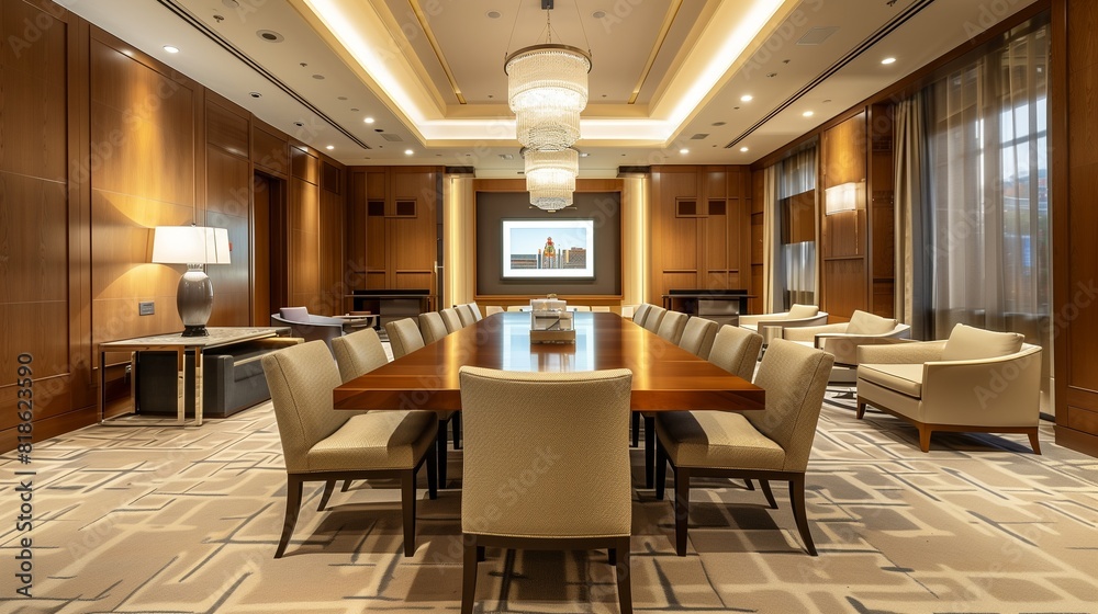 A conference room with a central communal table surrounded by comfortable lounge seating, fostering a relaxed and collaborative atmosphere for meetings.