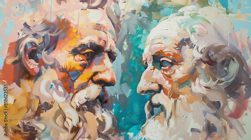 Frontal view of philosophers in deep discussion, impressionist technique with soft brush strokes, pastel color palette, capturing intellectual intensity and expressive emotion photo
