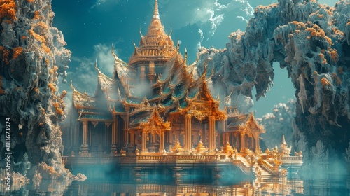 The image is a beautiful landscape of a temple in the middle of a lake