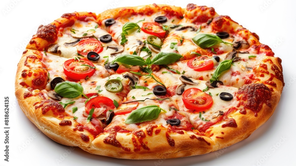 Round pizza with delicious toppings and seasonings. On isolated white background. Generative AI Round pizza with delicious toppings and seasonings. On isolated white background. Generative AI