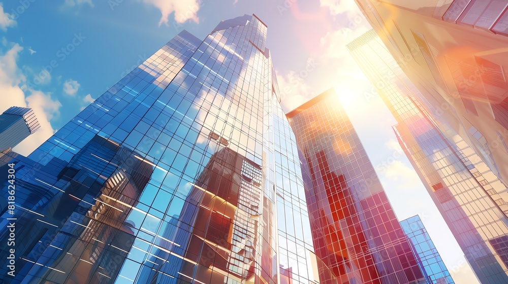 Tilted angle view of a futuristic skyscraper, sleek and reflective, towering into a vibrant sunset sky, rendered in high-detail CG 3D with photorealistic lighting Tilted angle view of a futuristic skyscraper, sleek and reflective, towering into a vibrant sunset sky, rendered in high-detail CG 3D with photorealistic lighting