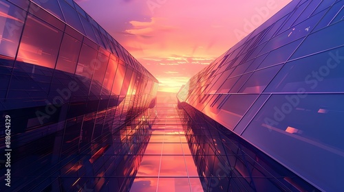 Tilted angle view of a futuristic skyscraper, sleek and reflective, towering into a vibrant sunset sky, rendered in high-detail CG 3D with photorealistic lighting