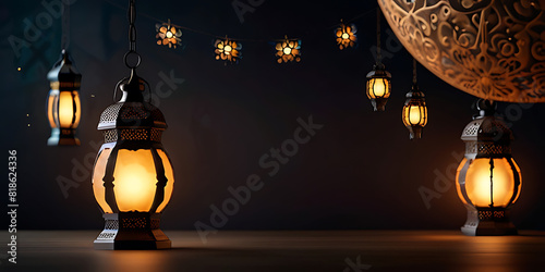 Eid al adha islamic decoration background. moon, lantern and stars