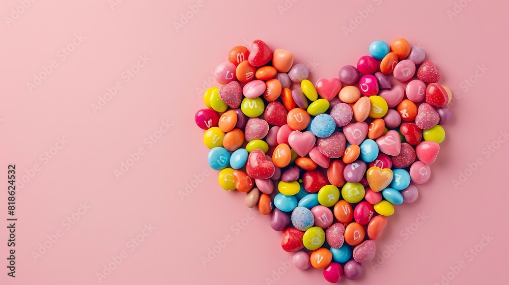 Colorful candies heart shape on pink background Colorful candies heart shape on pink background