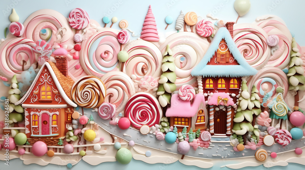 The image of creative paper cutting artwork with a candy land theme in Christmas scenery, background or backdrop for Christmas card and greeting reference.