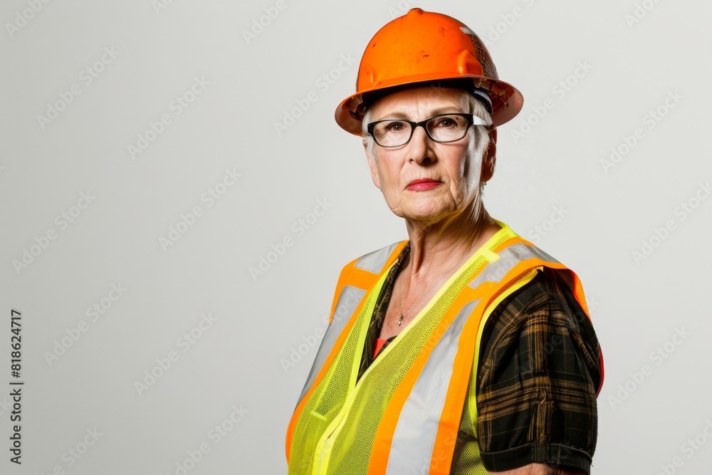 Studio Photography portrait of a logistic female 60 years old American worker in uniform., safety gear. Plain background 3:2 Studio Photography portrait of a logistic female 60 years old American worker in uniform., safety gear. Plain background 3:2
