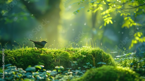 A serene scene where lay gracefully on a bed of verdant green moss, bathed in the gentle glow of sunlight, in the style of innovative pag photo