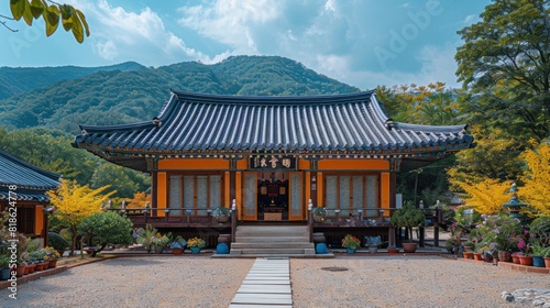 A peaceful scene of a Korean temple adorned minimally for a festival