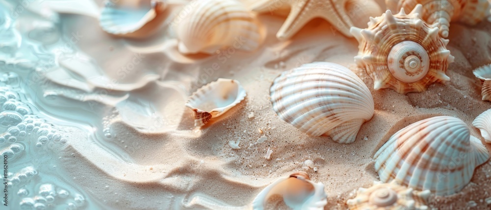 The photo shows a variety of seashells on a sandy beach. The shells are in various shades of pink, white, and brown. The sand is beige and the background is a blurred ocean. The photo shows a variety of seashells on a sandy beach. The shells are in various shades of pink, white, and brown. The sand is beige and the background is a blurred ocean.