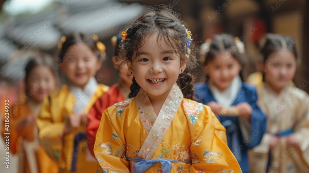 Korean children in minimalist Hanboks playing traditional games during a festival Korean children in minimalist Hanboks playing traditional games during a festival