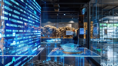 A virtual museum exhibit of coins, each enhanced with a holographic AI narrative explaining its historical and economic significance photo