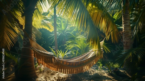 A contented individual lounging in a hammock, swaying gently under the shade of lush palm trees.