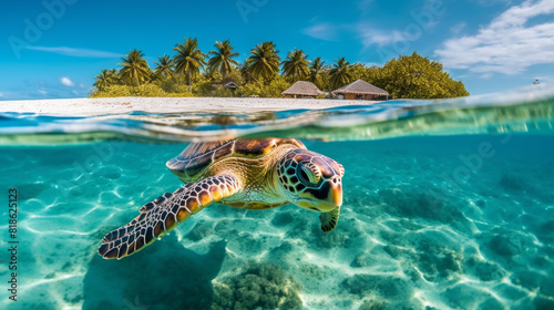 Green sea turtle swimming peacefully along the seafloor in the shallow waters just off the beach on a sunny day in Florida photo