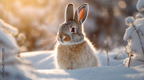 single cute arctic hare relax on snow. clean and bright white snowfield background with golden sun light. beautiful polar scenery. photo