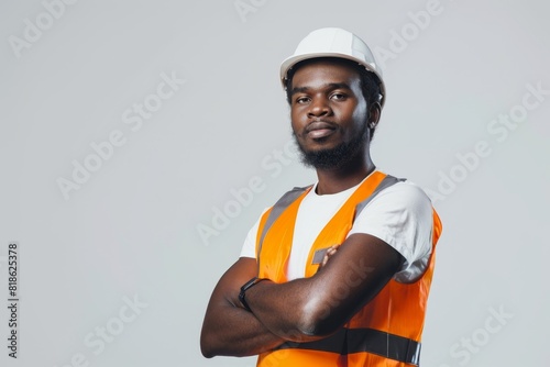 Studio Photography portrait, approx 25 years old African American worker in uniform looking real and modern. 3:2