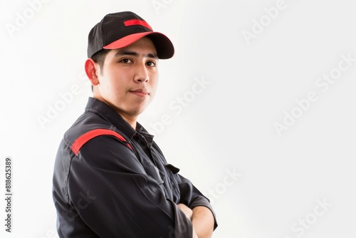  Male 20 years old  worker in uniform looking real and modern. Plain white background. Delivery of food, driver or courier