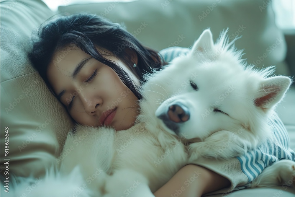 A woman sleeping on a couch with a white dog. A woman sleeping on a couch with a white dog.