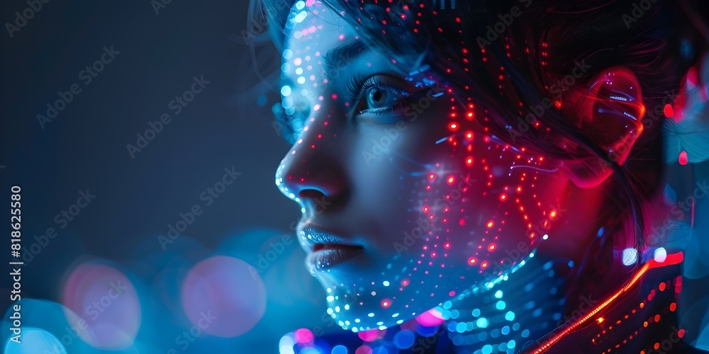 Captivating Digital Fashion Portrait with Futuristic Tech Inspired Motifs and Glowing Lights Captivating Digital Fashion Portrait with Futuristic Tech Inspired Motifs and Glowing Lights