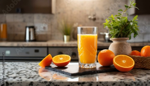 orange juice in a glass on a counter