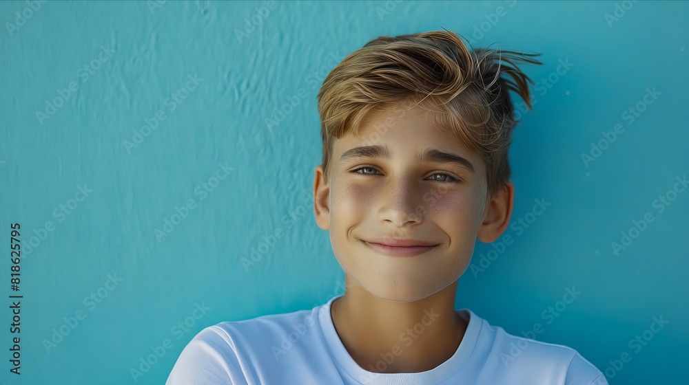 A young boy smiling against a blue wall. A young boy smiling against a blue wall.