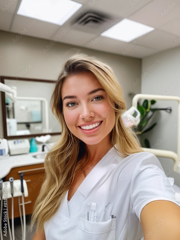 A woman in a dental office taking a selfie. A woman in a dental office taking a selfie.