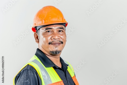 Studio Photography portrait of a male 40- 50 years old Polynesian worker in uniform with safety gear and hard hat. .3:2