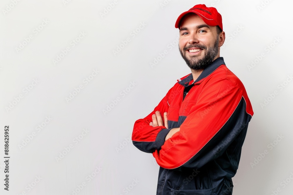 Studio Photography portrait of a logistic male 30s to 40 years old American worker in uniform looking happy and pleased he has a job. Plain white background. 3:2 Studio Photography portrait of a logistic male 30s to 40 years old American worker in uniform looking happy and pleased he has a job. Plain white background. 3:2