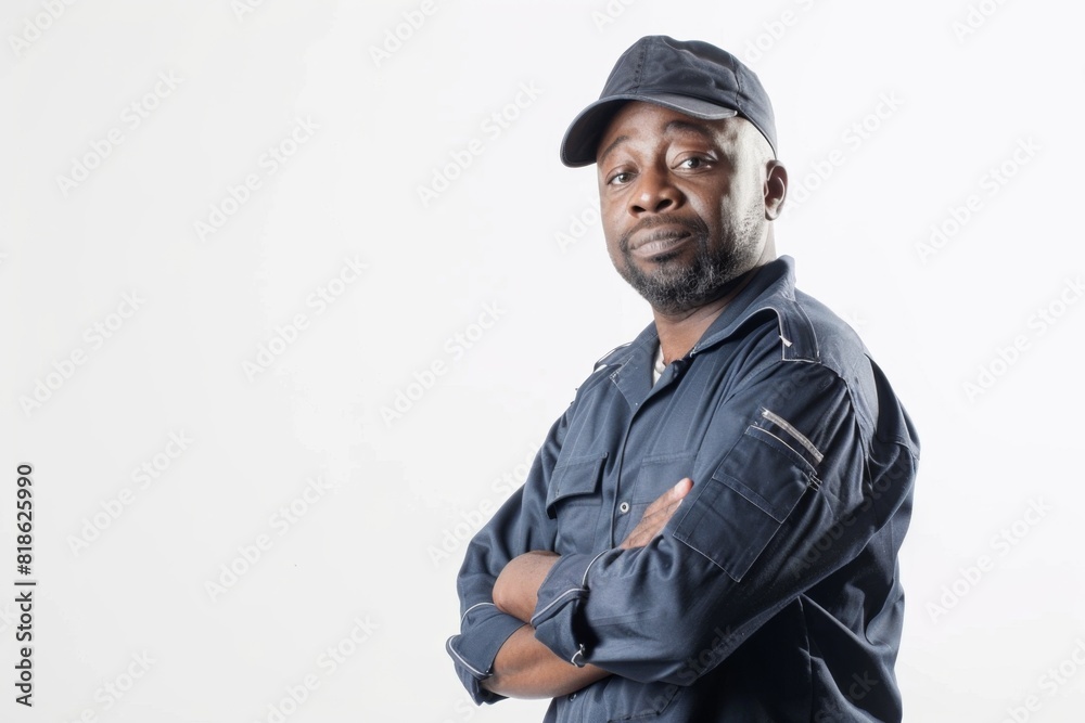 Studio Photography portrait of a male African American worker in his 40s. He's in work uniform looking contemplative and a bit fed up, but accepting. Plain white background. 3:2 Studio Photography portrait of a male African American worker in his 40s. He's in work uniform looking contemplative and a bit fed up, but accepting. Plain white background. 3:2