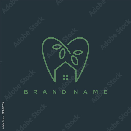 vector dental logo house and line art leaves