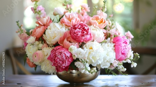 A beautiful bouquet of pink and white peonies and other flowers in a silver vase.
