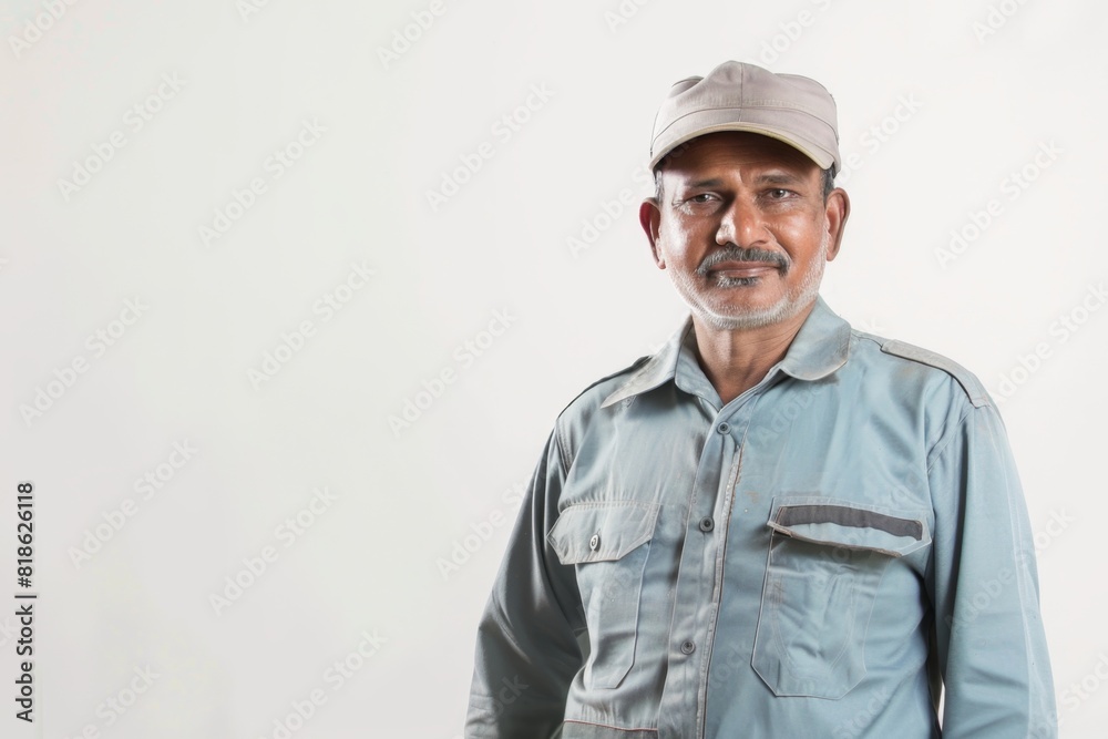 Mature male, approx 60 years old indian worker in uniform. Isolated background., Mature male, approx 60 years old indian worker in uniform. Isolated background.,