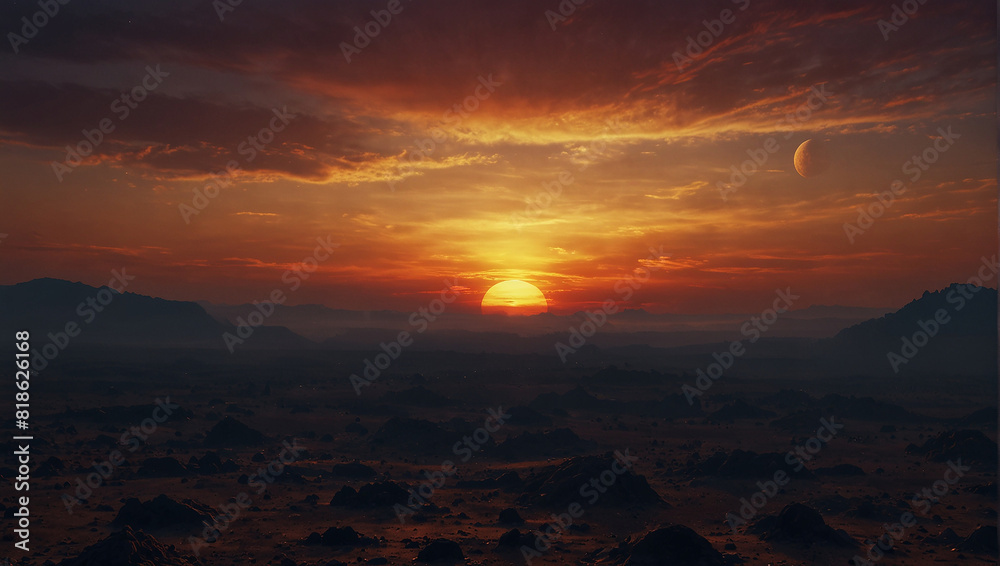 A barren desert landscape with a large sun rising over the horizon.

