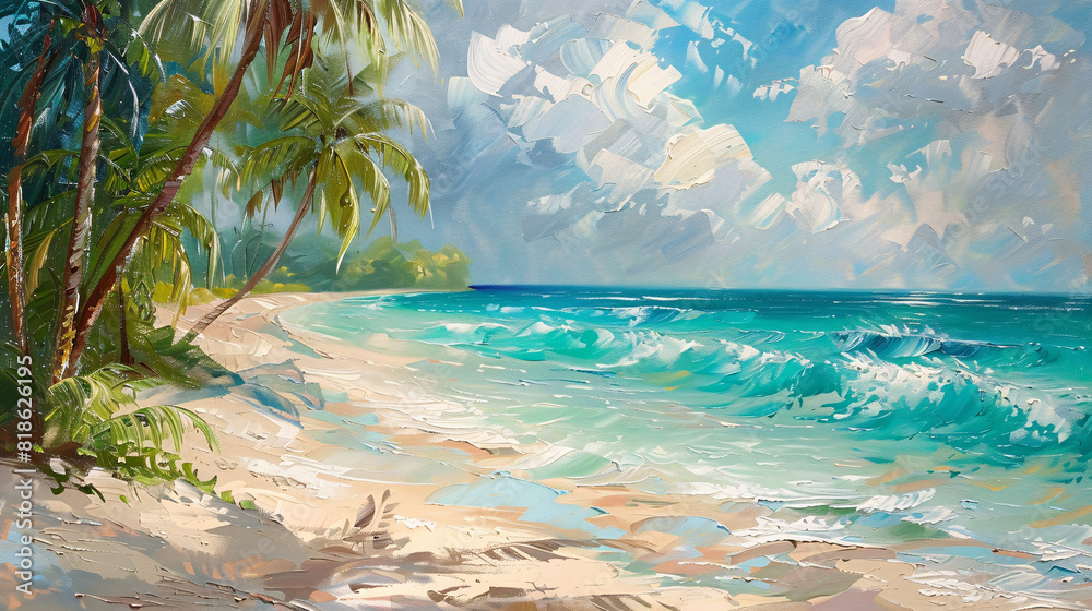 Obraz premium A tropical beach oil painting on canvas, with turquoise waters and swaying palm trees