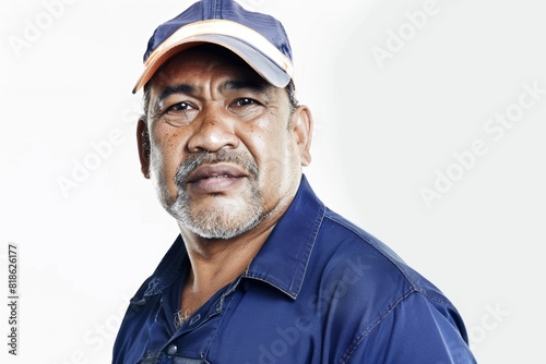 Studio Photography portrait of a  male 60 years old polynesian worker in uniform, plain white background