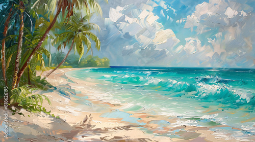 A tropical beach oil painting on canvas, with turquoise waters and swaying palm trees