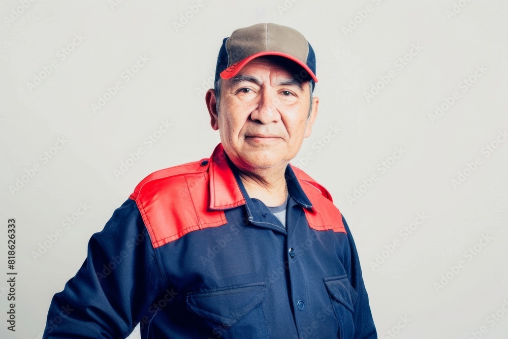 Studio Photography portrait of a male 60 years old mexican worker in uniform. delivery driver, logistics, truck, contractor, warehouse worker Studio Photography portrait of a male 60 years old mexican worker in uniform. delivery driver, logistics, truck, contractor, warehouse worker