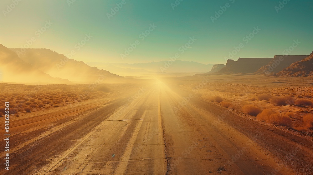 A dusty desert highway stretching endlessly toward distant mesas, with the heat haze distorting the horizon.