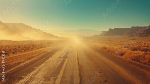 A dusty desert highway stretching endlessly toward distant mesas  with the heat haze distorting the horizon.