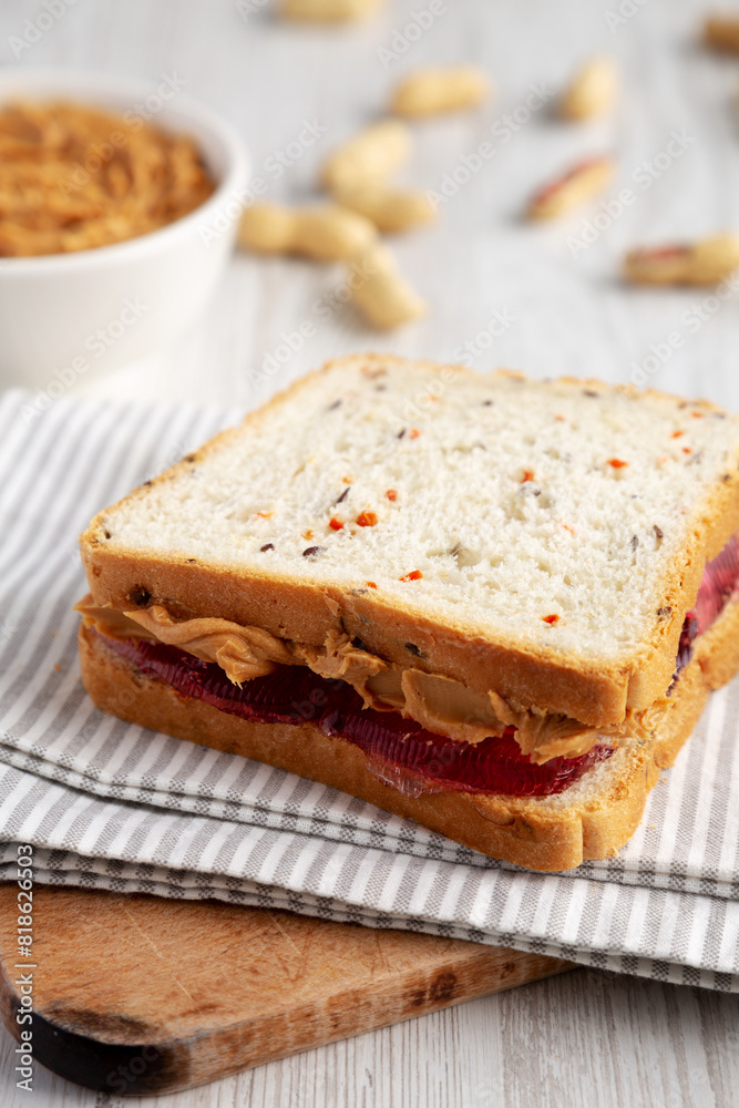 Homemade Peanut Butter and Jelly Sandwich, side view. Homemade Peanut Butter and Jelly Sandwich, side view.
