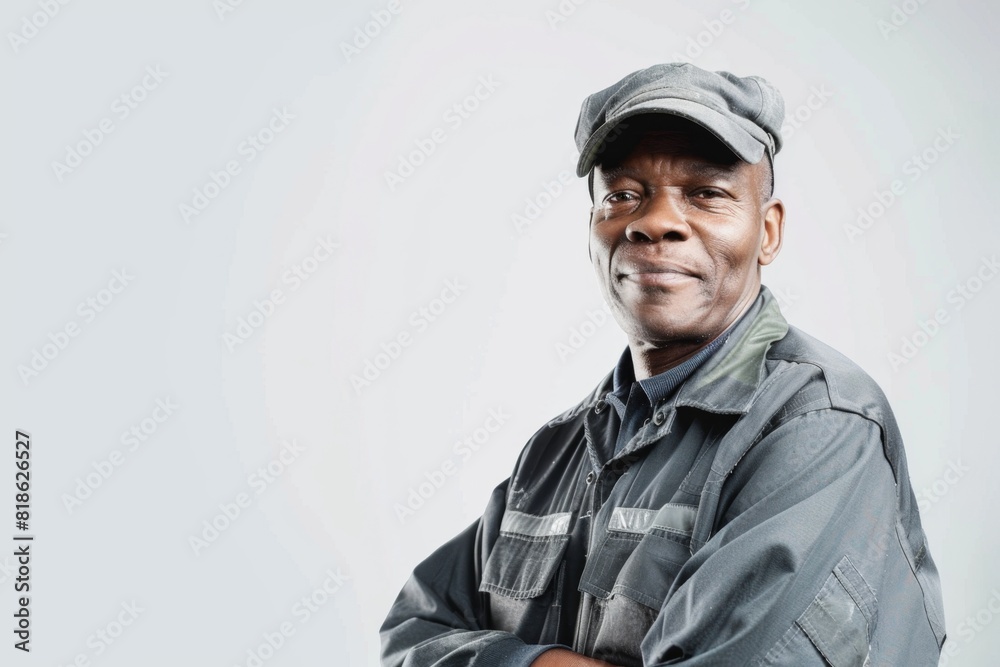 Studio Photography portrait of a male 60 years old African American worker in uniform looking real casual and happy. Studio Photography portrait of a male 60 years old African American worker in uniform looking real casual and happy.