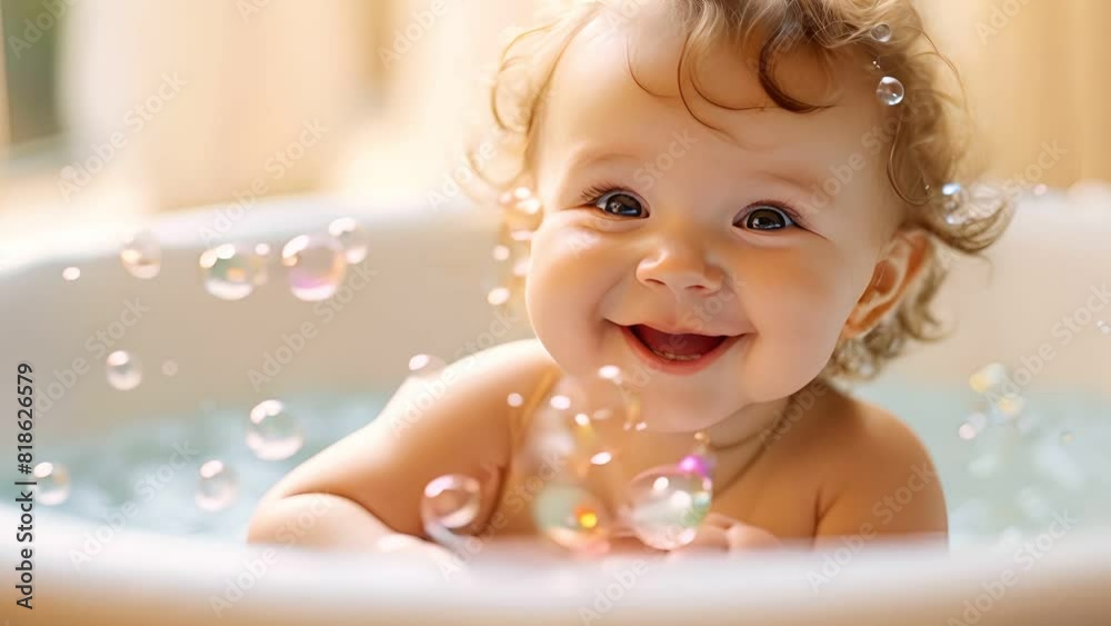 Happy cute baby in a bath with foam and soap bubbles , healthcare for young children. Happy cute baby in a bath with foam and soap bubbles , healthcare for young children.