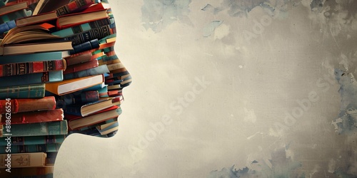 An artistic representation of a human head surrounded by books, representing creativity and the mind's development through knowledge and learning. photo