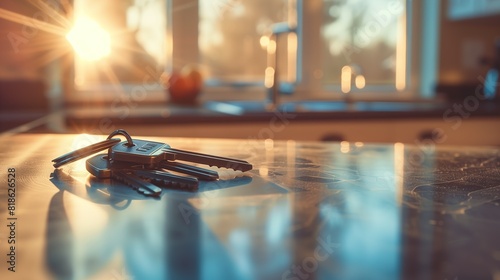 A set of keys resting on a sleek, modern kitchen counter in a newly purchased apartment, with soft morning light streaming through the window photo