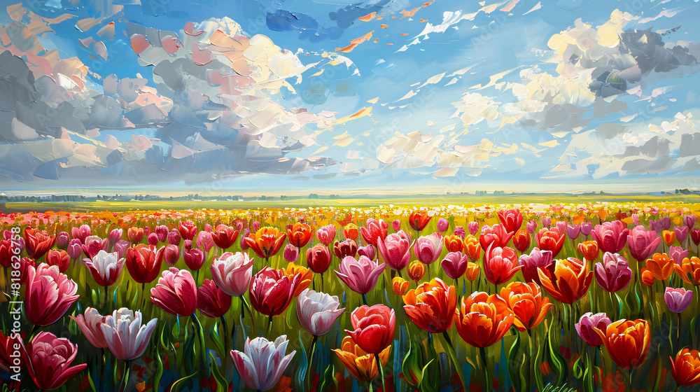 A tulip field in spring oil painting on canvas, with bright flowers and a clear blue sky