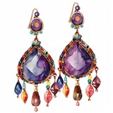A watercolor painting of a pair of earrings. The earrings are made of gold and have purple gemstones. They are also decorated with beads and have a unique design.